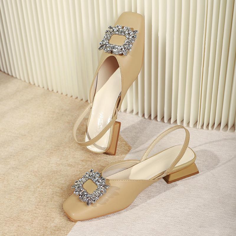 

Кожаные сандалии со стразами, сумка-голова, полушлепанцы, модная уличная обувь, новинка лета 2025, квадратный носок, толстый каблук, полуподдержка, одинарные туфли 35 хаки