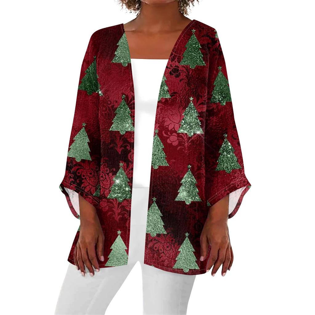 Women's Casual Fashion Christmas Print Lightweight Medium Length Jacket Cardigan