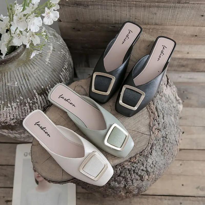 Fashion Low Heel Indoor Leather Women's Slippers and Ladies Sandals Outside Shoes Soft Job Slides Pearl Mules Natural Skin Footwear Pvc