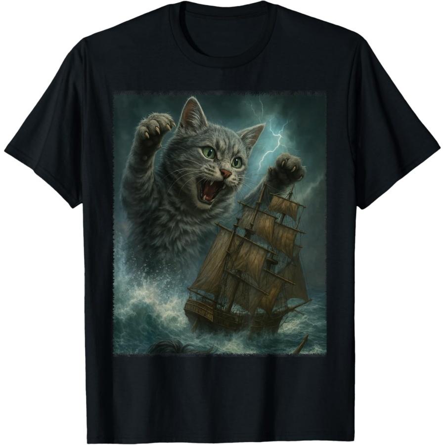 

Огромный Кот в виде Кракена Морского Монстра Атакует Пиратский Корабль в Океане Футболка для Мужчин Женщин Детей XXXXXL чёрный