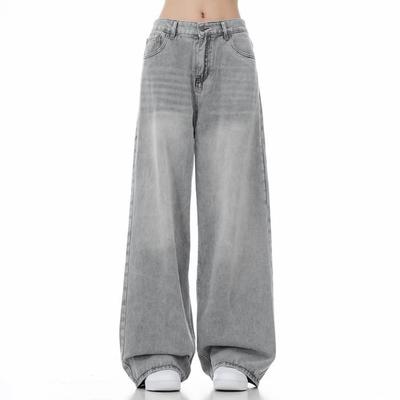 Women's Light Gray Washed Wide Leg Jeans High Waist Loose Fit Baggy Denim Trousers For Daily Streetwear