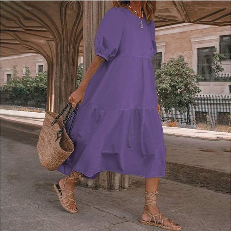 Plus Size Chubby Girl Fashion Style Summer Fashion Round Neck Pure Color Loose Short Sleeve Dress Beach Dress for Women S-5XL