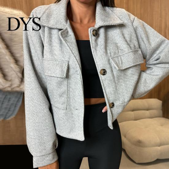 Big Pocket Jacket Fall Winter Women Turn-down Collar English Style Chest Pockets Windproof Lightweight Outwear Single-breasted Solid Color Button