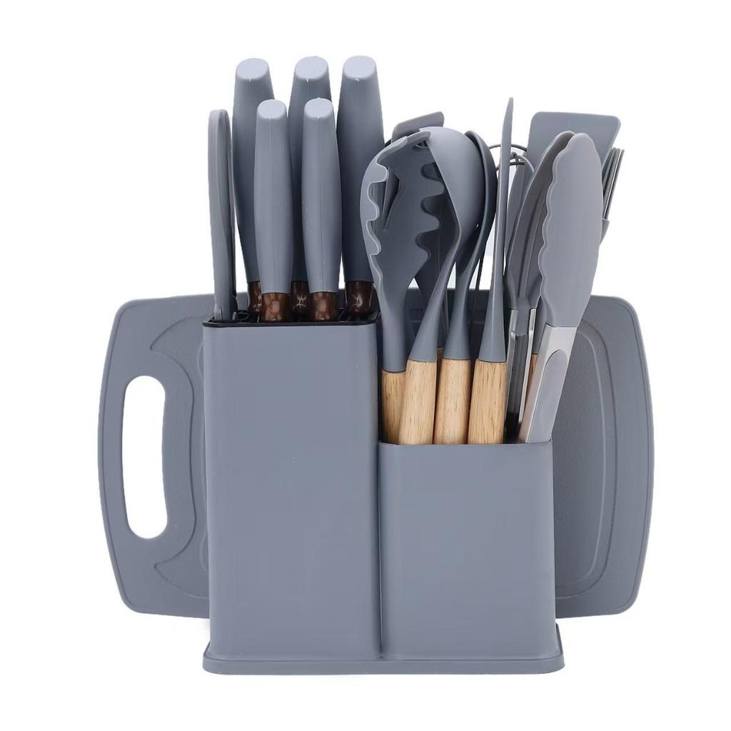 19-Piece Non-Stick Kitchenware Set: Silicone Spatula & Spoon with Wooden Handles + Knife Set In Stock