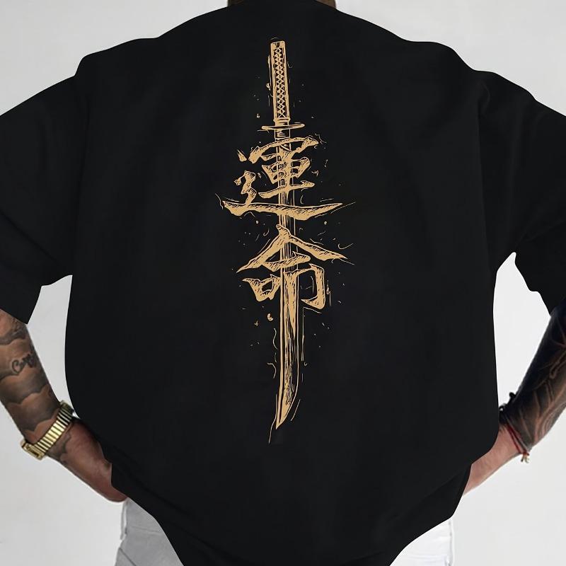 Men's summer 100% pure cotton fashionable casual loose Japanese samurai sword pattern printed round neck short sleeved T-shirt