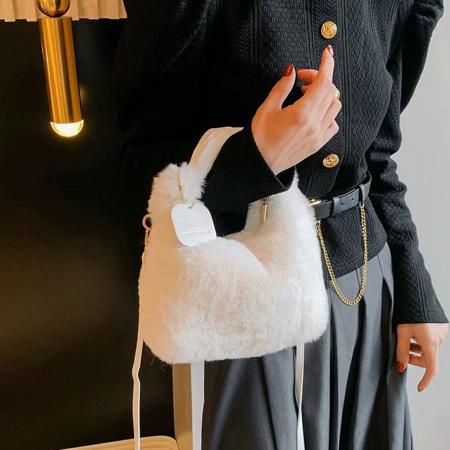 Women Faux Fur Plush Handbags Ruched Handle Small Lady Shoulder Crossbody Bag Casual Half-Mo Hobos Winter Bags for Women