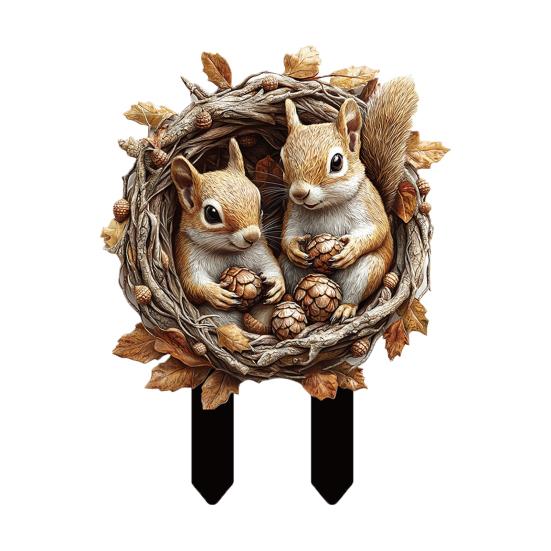 Cute Animal Garden Stake, 2D Acrylic Chickens Elephants Yard Art Stake, Waterproof Outdoor Squirrel Decoration for Lawn Flower Bed Planter Decor