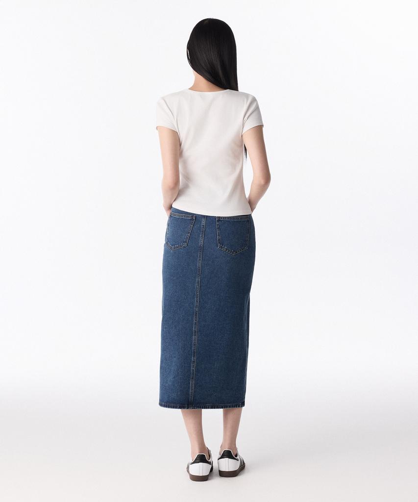 Musinsa Standard Woman Women'S Front Slit Denim Long Skirt [Medium Indigo]