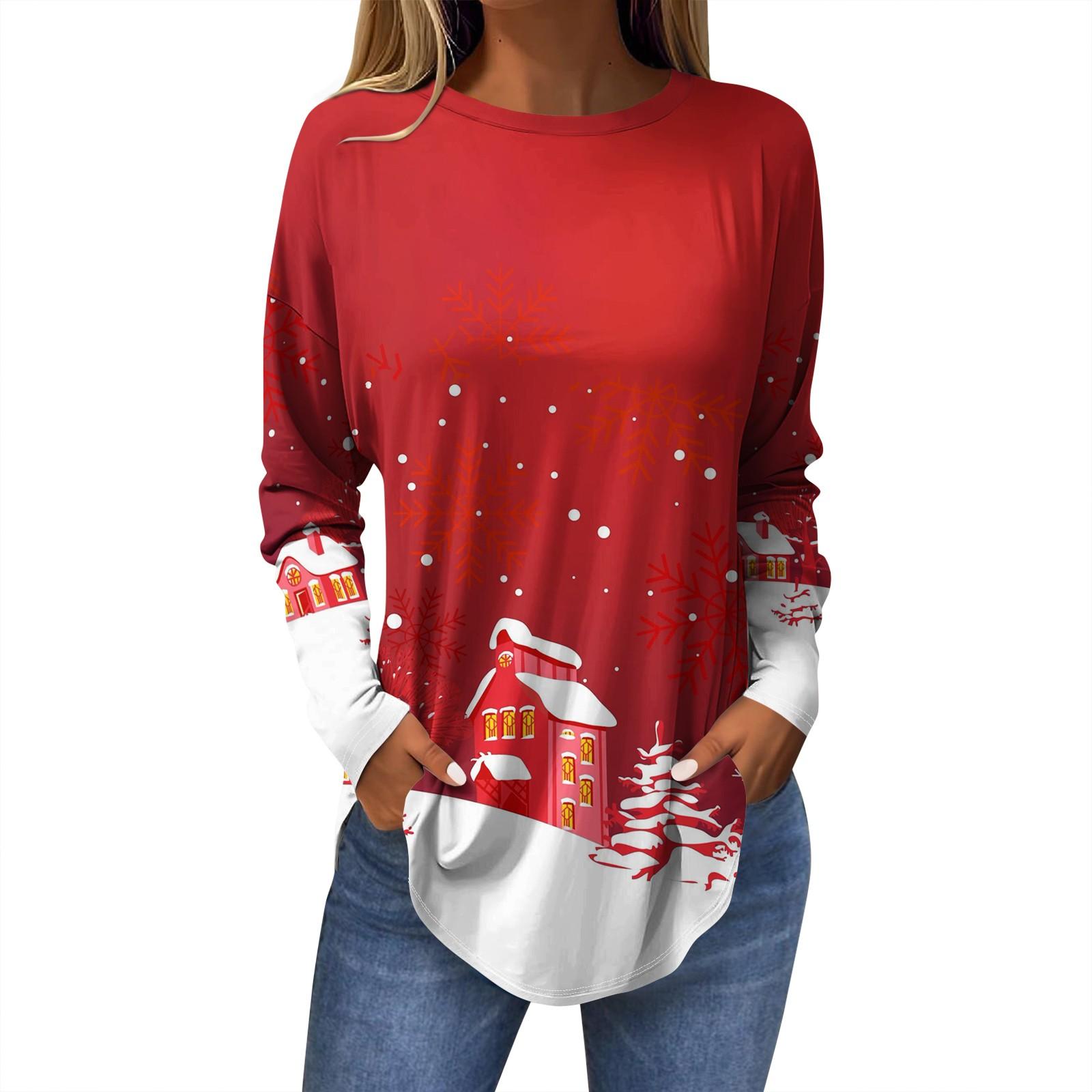 

Женская модная повседневная футболка с круглым вырезом и длинным рукавом с рождественским принтом XL красный