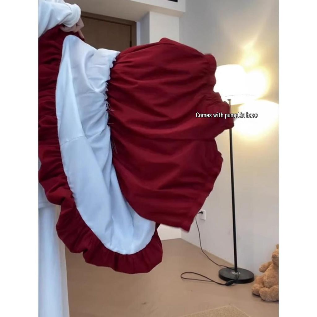 Plus-Size Red Bud Hem Midi Skirt for Women - Autumn Sweet Spicy Girl Cloud Fluffy A-Line Short Skirt