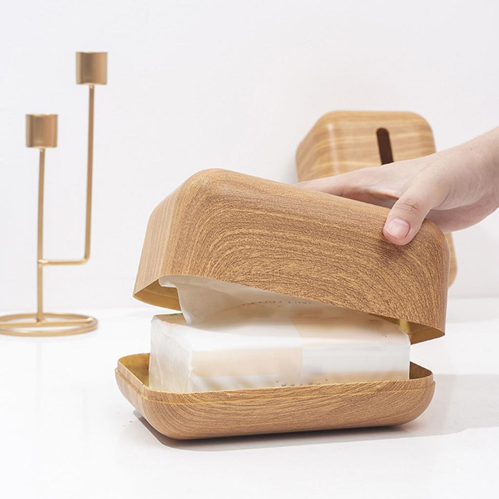 Tissue Box Cover Wood Grain Easy Refill Rectangular Stylish Elegant Napkin Box Holder for Desktop