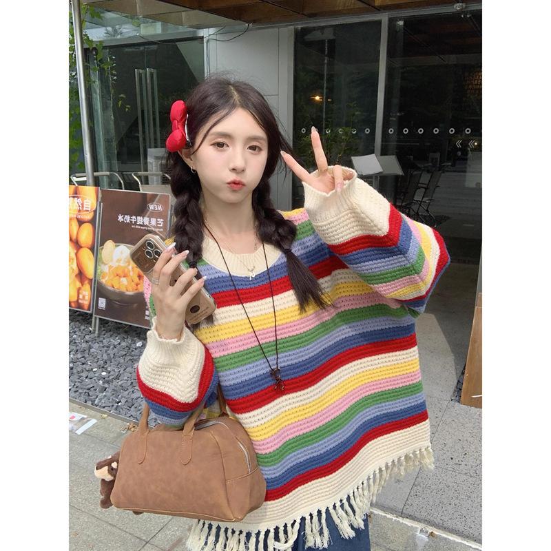 

Полосатый контрастный свитер-пуловер для женской осени и зимы, дизайн верхней одежды свободного кроя, вязаный топ с кисточками One size fits all разноцветный
