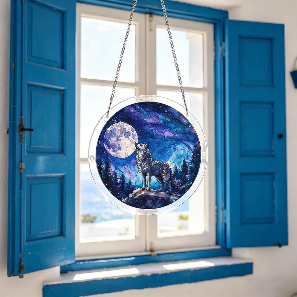 Acrylic Puzzle Sun Catcher Window Hanging Decoration 2D Circular Design Featuring Wolf Howling At Moon with Forest Background