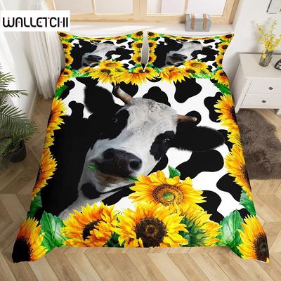 Ensemble Housse de Couette Vache King Microfibre Vache Laitière et Tournesol Jaune Imprimé Housse de Couette Mignonne Thème Animal et Floral Ensemble de Literie