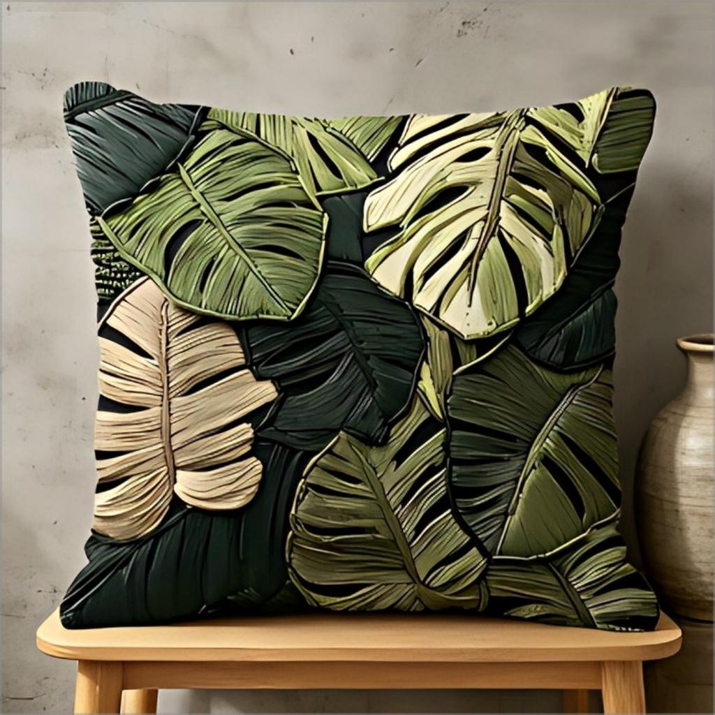 Tropical Monstera Leaf Pillow Cover 2D Embroidered Print Boho Botanical Cushion Case For Sofa Bed Couch Cozy Jungle Home Decor