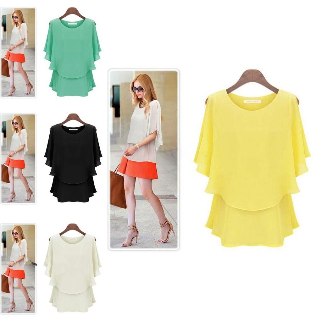 New Arrival Latest Women Chiffon Summer Plus Size Lotus Sleeve Double Shirt Sundress Elegant Casual Wear