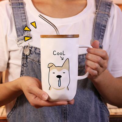 Keramiktasse mit großem Fassungsvermögen, Deckel und Strohhalm, Teetasse mit Hunde-Design und Henkel, Kreative Geschenke, 600 ml