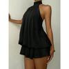 Mini Abito da Festa da Donna con Scollo all'Americana Senza Maniche Monocolore in Chiffon Vestibilità Larga Schiena Scoperta Stratificato Svolazzante Corto