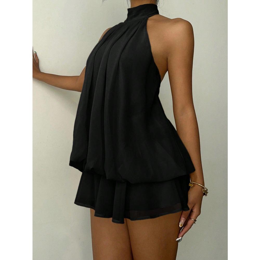 Mini Abito da Festa da Donna con Scollo all'Americana Senza Maniche Monocolore in Chiffon Vestibilità Larga Schiena Scoperta Stratificato Svolazzante Corto