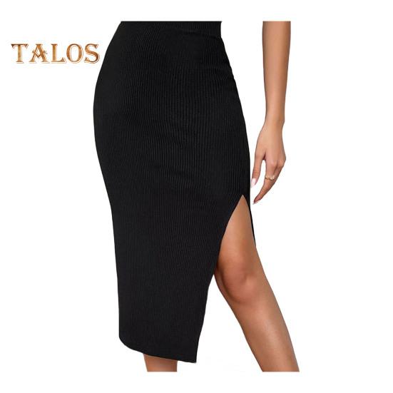 

Женская юбка миди с высокой талией и боковыми разрезами, трикотажная юбка, однотонная, с запахом на бедрах, офисная женская юбка для повседневной носки L чёрный