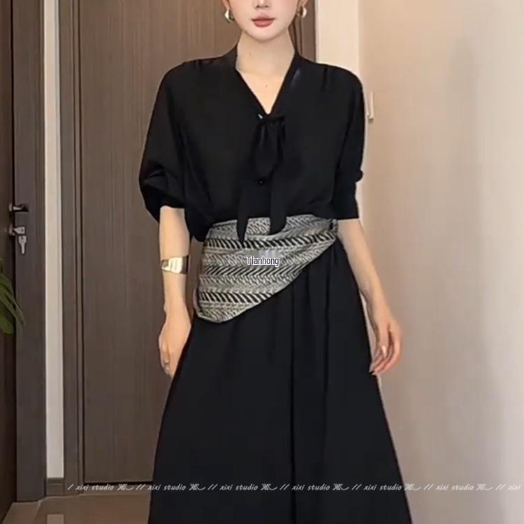 Elegant Black Striped Silk Tie Waist Triangle Scarf Belt - 2025 Collection