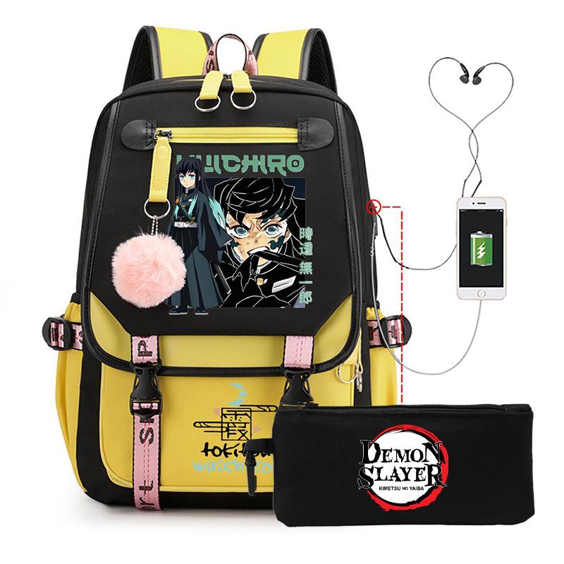 Casual Korean version schoolbag ghost extermination animation two-dimensional trend boys and girls USB backpack two-piece set