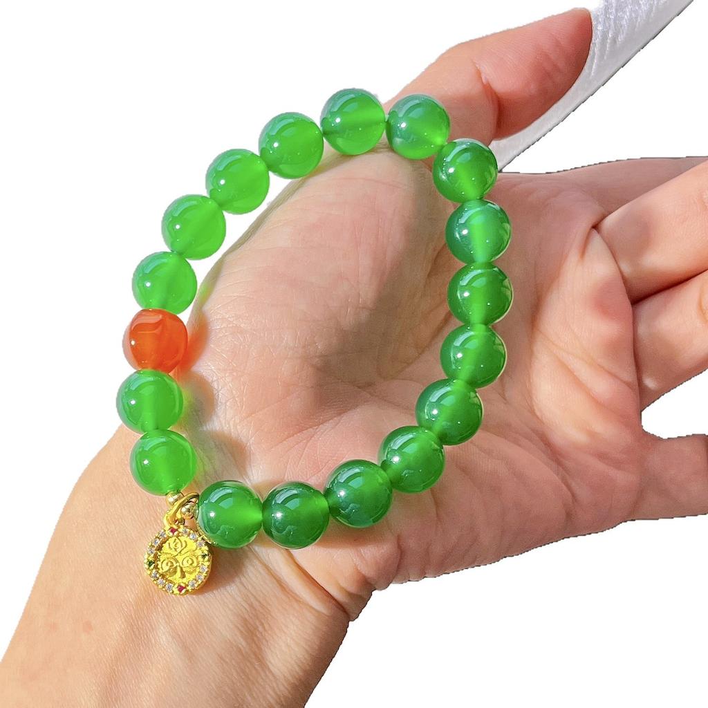 10Mm High Quality Imperial Green Vitreous Body Natural Green Chalcedony Strawberry Crystal Design Bracelet Bracelet