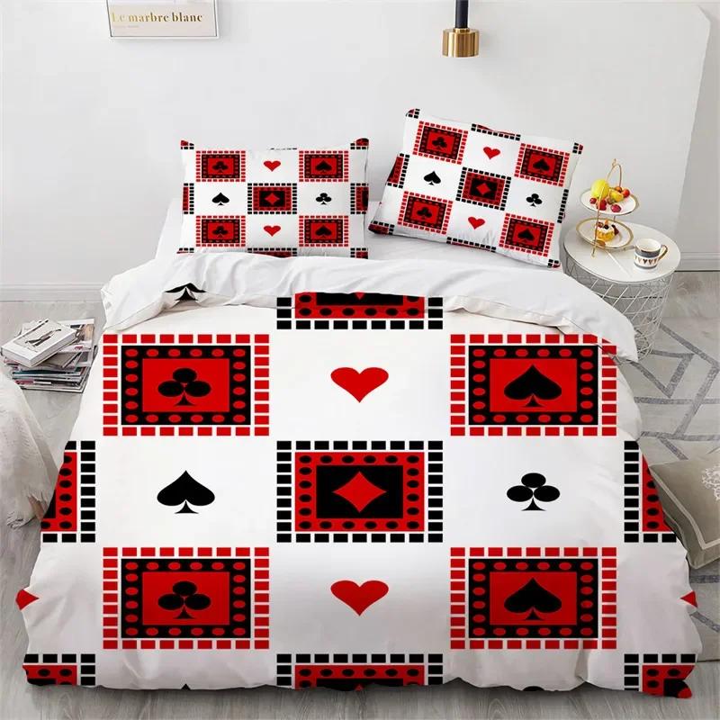 Poker Bettwäsche King Twin Kartenspiel Bettwäscheset Mikrofaser Gamer Spielende Deckenbezug Jungen Retro Spiel Rot Schwarz Bettdeckenbezug