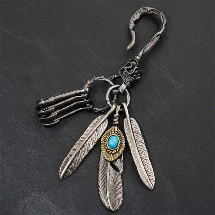 Distinctive Feather Keychain Charm In Antique Silver With Turquoise for Individualistic Fashion Statements Pieces