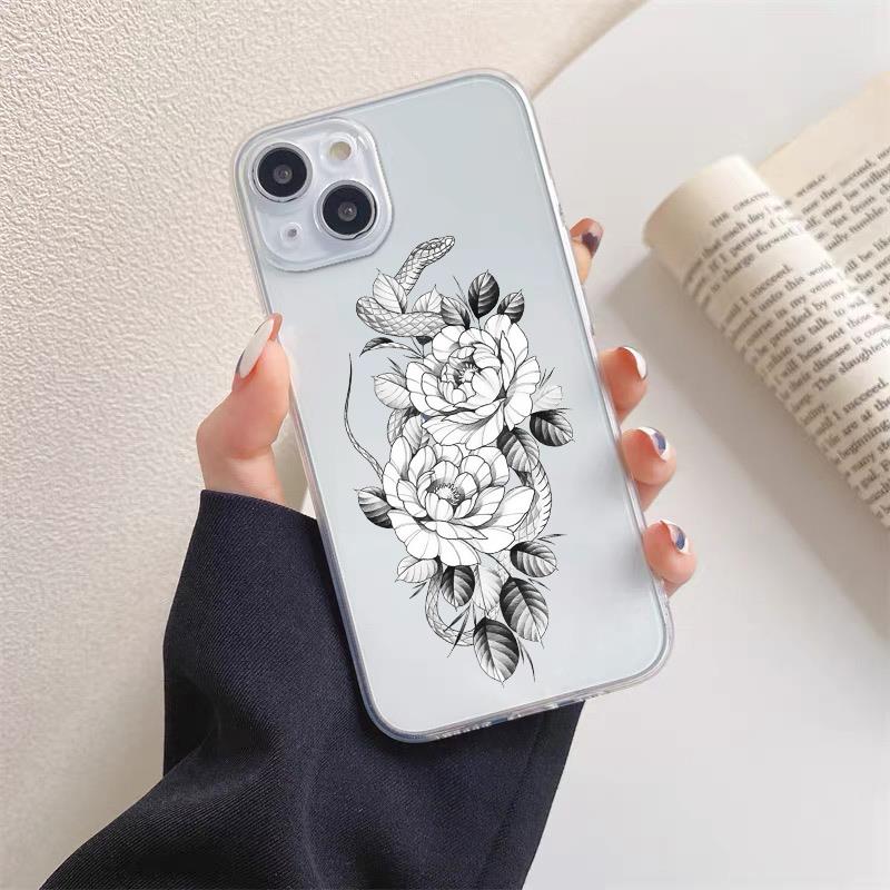 Luxurious Black White Flower Snake Clear Phone Case for IPhone X XR XS 14 13 12 11 Pro Max Mini 7 8Plus Unique Dragon Back Cover