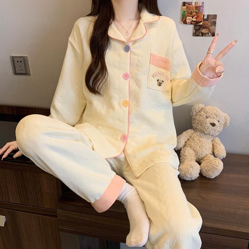 Air cotton pajamas women's autumn and winter long sleeves thickened interlayer warm stars cat student loungewear real shot