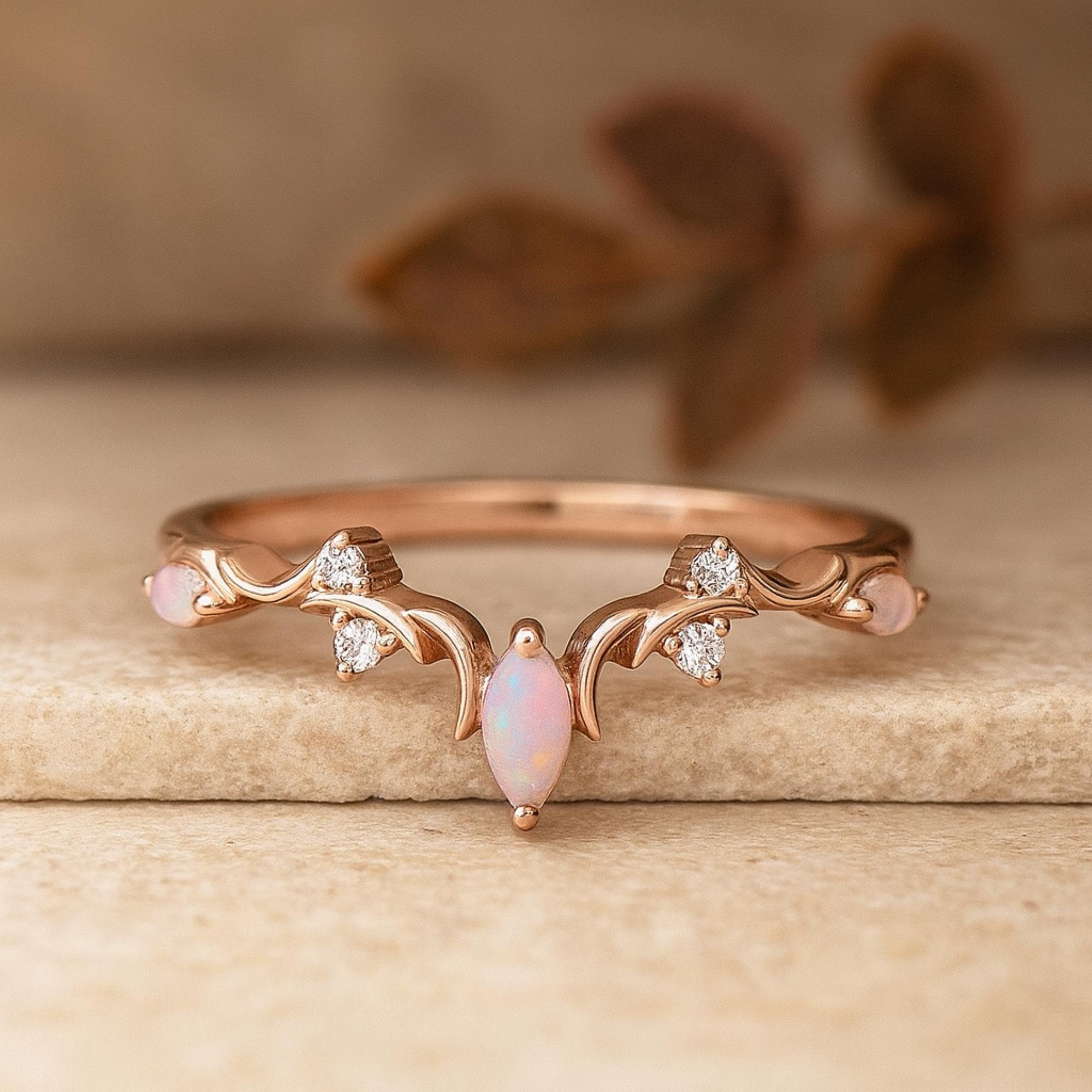 

Кольцо с опалом маркиза и боковыми камнями из кубического циркония – Покрытое розовым золотом серебро 925 пробы, обручальное кольцо V-образной формы - Ювелирное изделие в стиле ар-деко, подарок для нее K серебряный