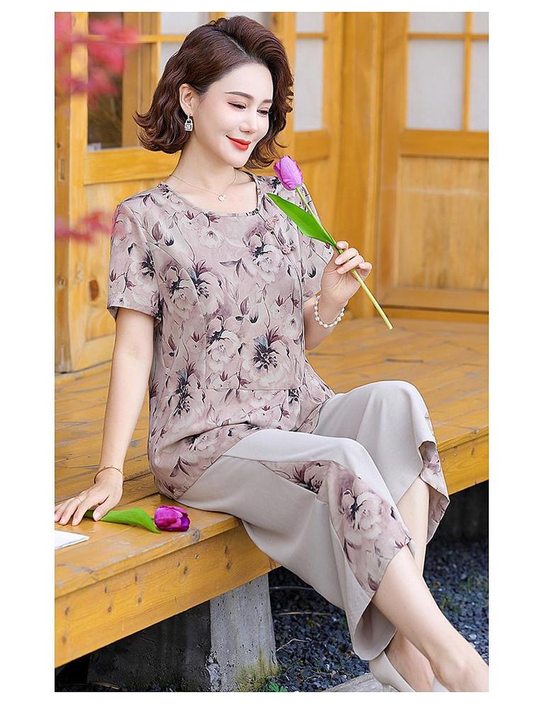 2025 Summer Chinese Style Top & Chiffon Short Sleeve Two-Piece Set for Middle-Aged Women
