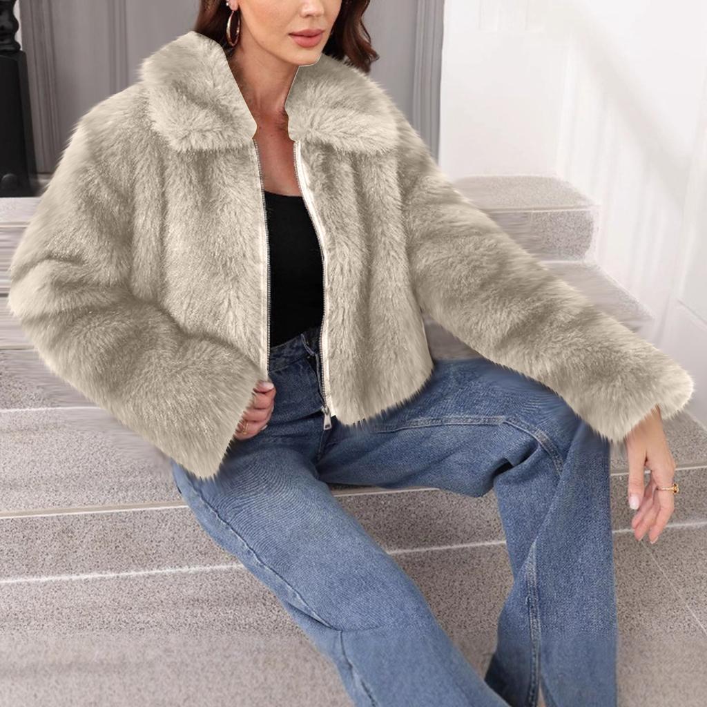 Women's Fashionable Warm Long Sleeve Solid-Color Furry Coat