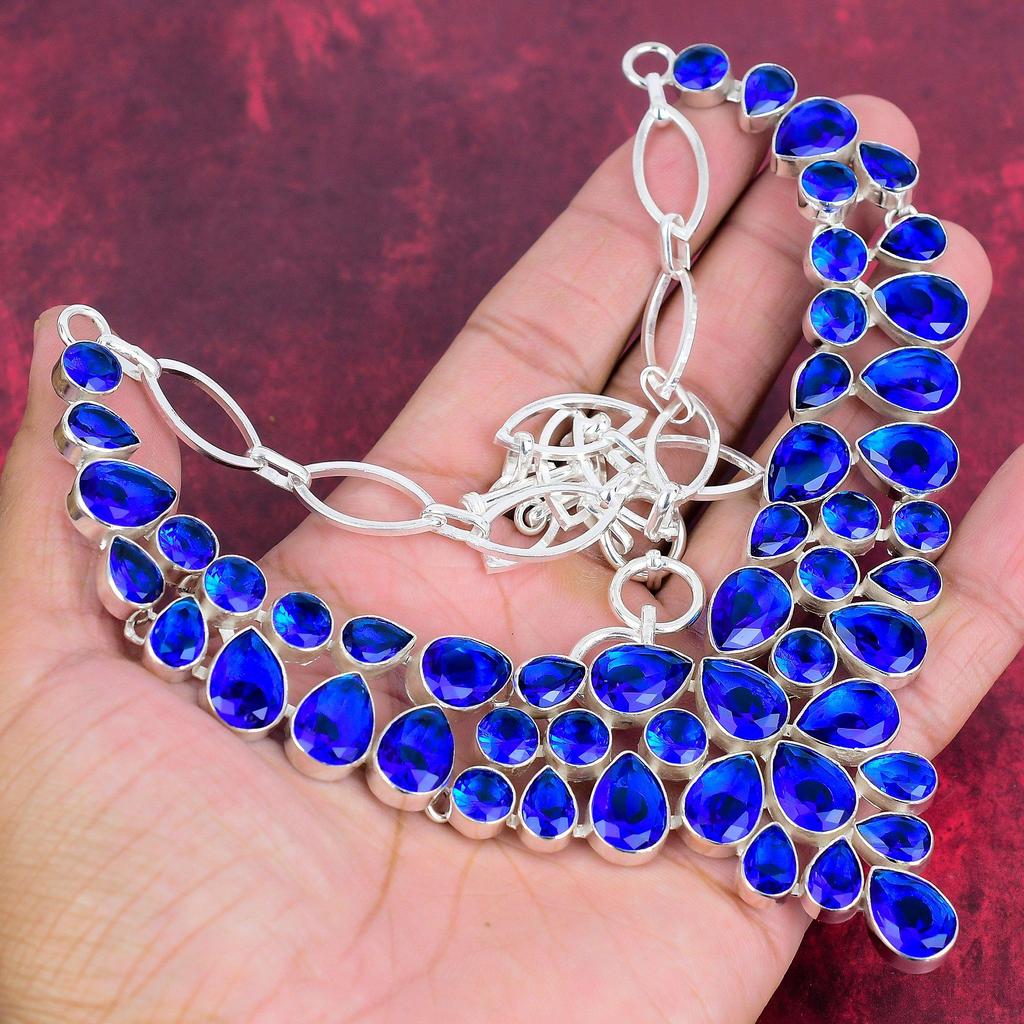 Blaue Saphir Halskette, handgefertigte Edelstein Halskette, 925 Sterling Silber Halskette Antiker Schmuck, Für Verlobungsgeschenk