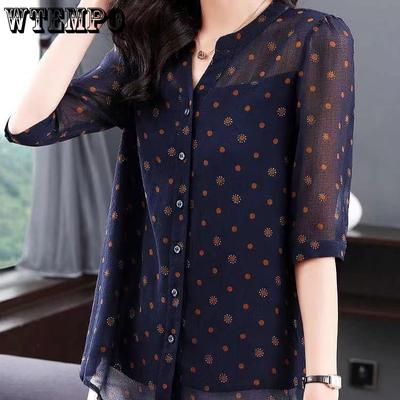 Polka Dot Chiffon Seven Quarter Sleeved Shirt for Women Summer Printed Plus Size Mid Sleeved Shirt Fashionable and Stylish Top