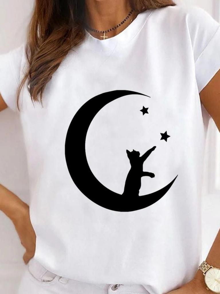 Fashionable Cartoon Cat Printed Womens Tshirt Fashionable Round Neck Top Casual Short Sleeved Womens Clothing