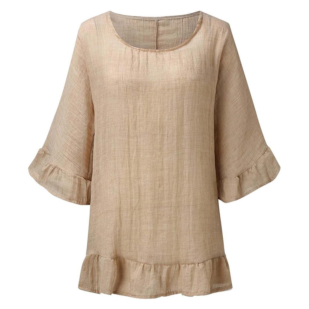 فستان نسائي أنيق بلون سادة وأكمام مكشكشة من القطن والكتان بلون سادة