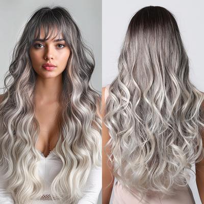 Natürlich aussehende Perücke im europäischen und amerikanischen Stil mit Air Bangs für Damen, lang und gewellt, Grau mit Farbverlauf