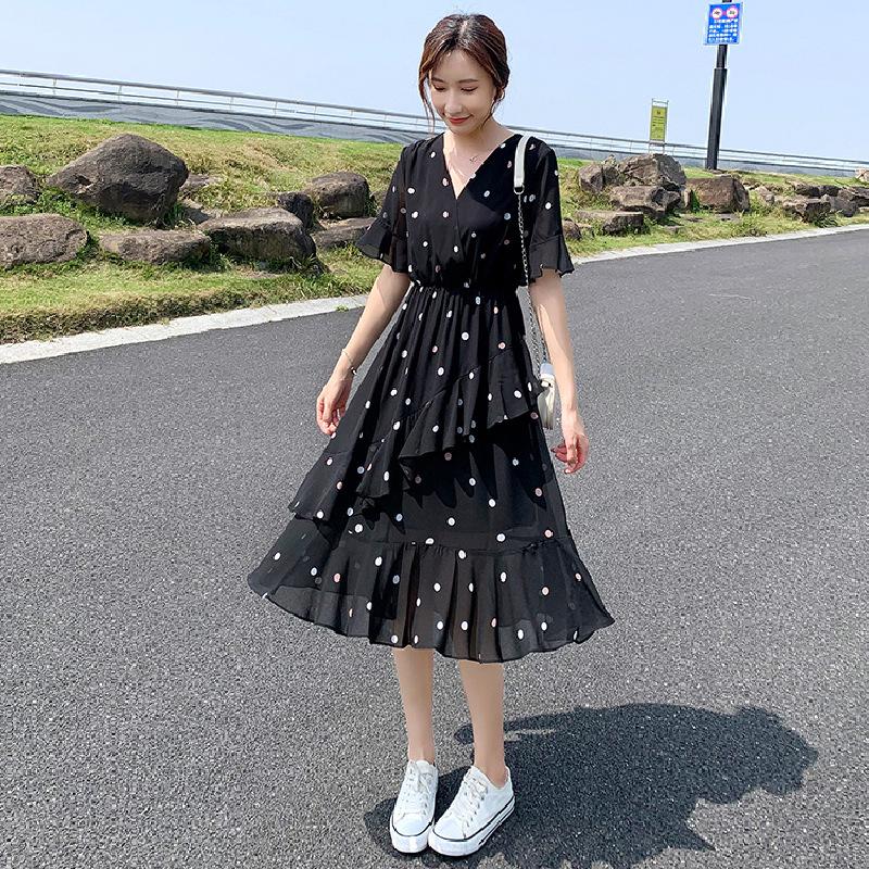 Vestido de Chifón de Verano para Mujer con Lunares y Corte Slim, Cintura Alta y Cuello en V para Efecto Adelgazante, Falda Floral en A