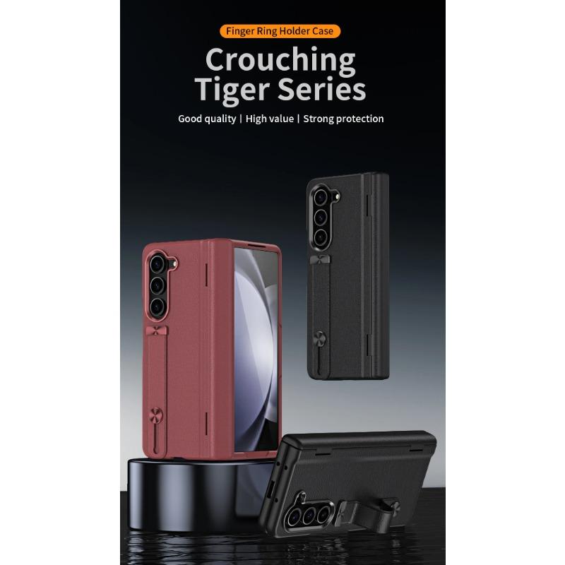 Wriststrap for Samsung Galaxy Z Fold 6 5 4 3 Case Ring Bracket PU Leather Hinge Protective Film Cover Slim Design Finger Ring Buckle