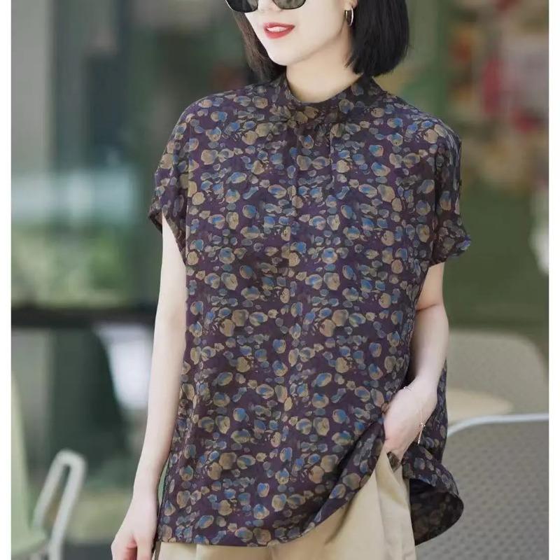 Women s Purple Base Vintage Floral Print Stand Collar Batwing Short Sleeve Loose Blouse L фиолетовый