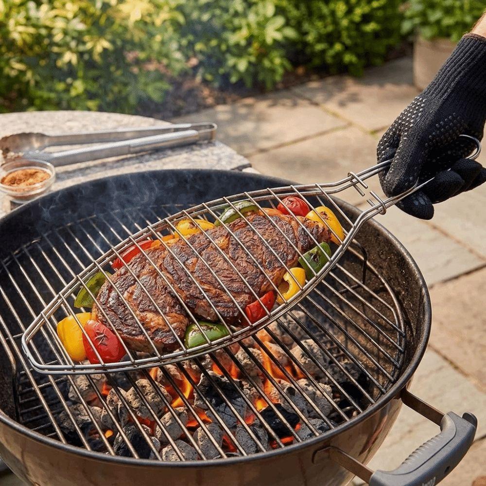 Fish-Shaped Iron Fish Grill Rack Wire Grid Long Handle Fish Grill Basket Easy Clean Sliding Lock BBQ Grill Clip