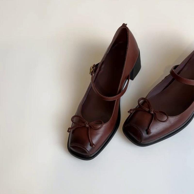 French retro style square head light mouth word with bow thick heel single shoes commuter versatile high heels new