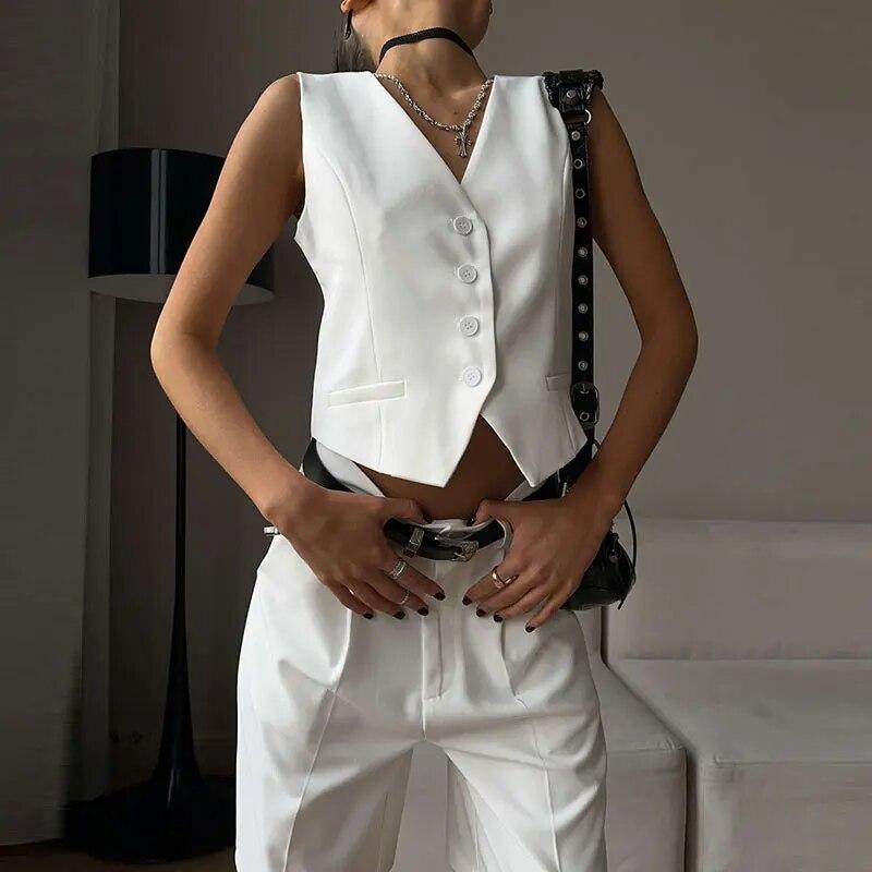 Women Suits Shorts Sets V-neck Single Breasted Casual Vest Set Woman 2 Piece Suit Straight High Waist Pant Ladies Office Oufits