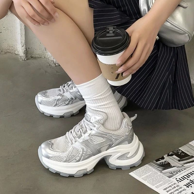 Zhao Ruth silberne Dad-Schuhe mit dicker Sohle Damen Sommer atmungsaktiv vielseitig Campus-Stil lässige Sportschuhe