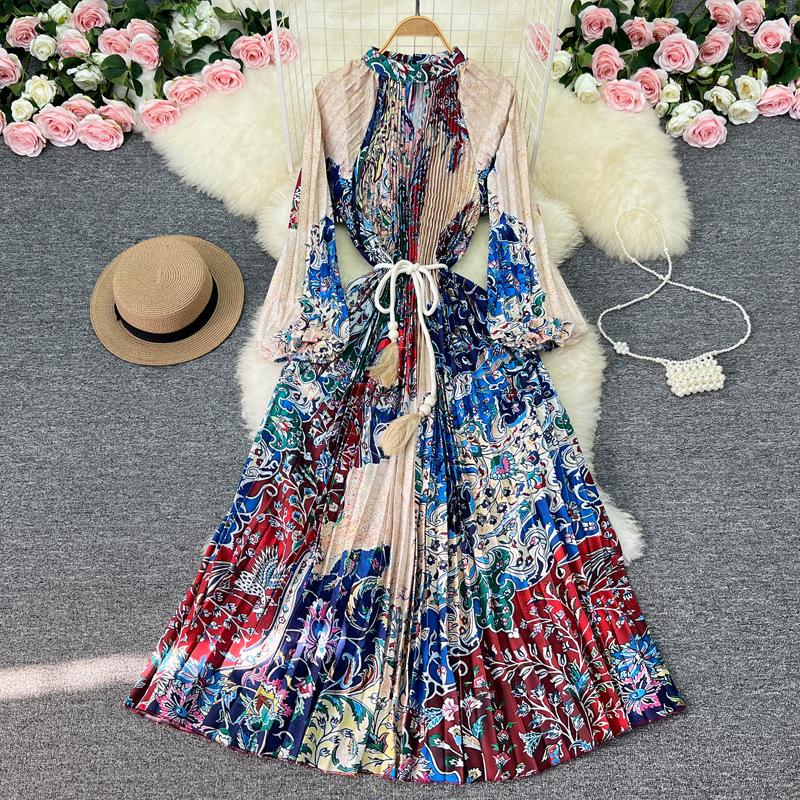 YYFS Γυναικεία Μόδα Άνοιξη Φθινόπωρο με μοτίβο λουλουδιών με μακρυμάνικο λαιμόκοψη Casual φορέματα