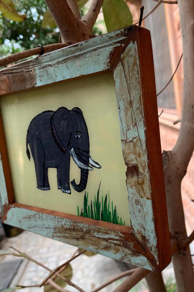 Old Wooden Frame Elephant Glass Painting  Rustic Farmhouse Wall Decor