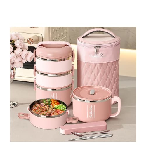 JICOMUS Portable Multi-Layer Insulated Rice Bucket, 2- or 3-Layer Lunch Box with Lunch Bag, Chopsticks, and Spoon, 304 Stainless Steel Rice Tool, Vacu