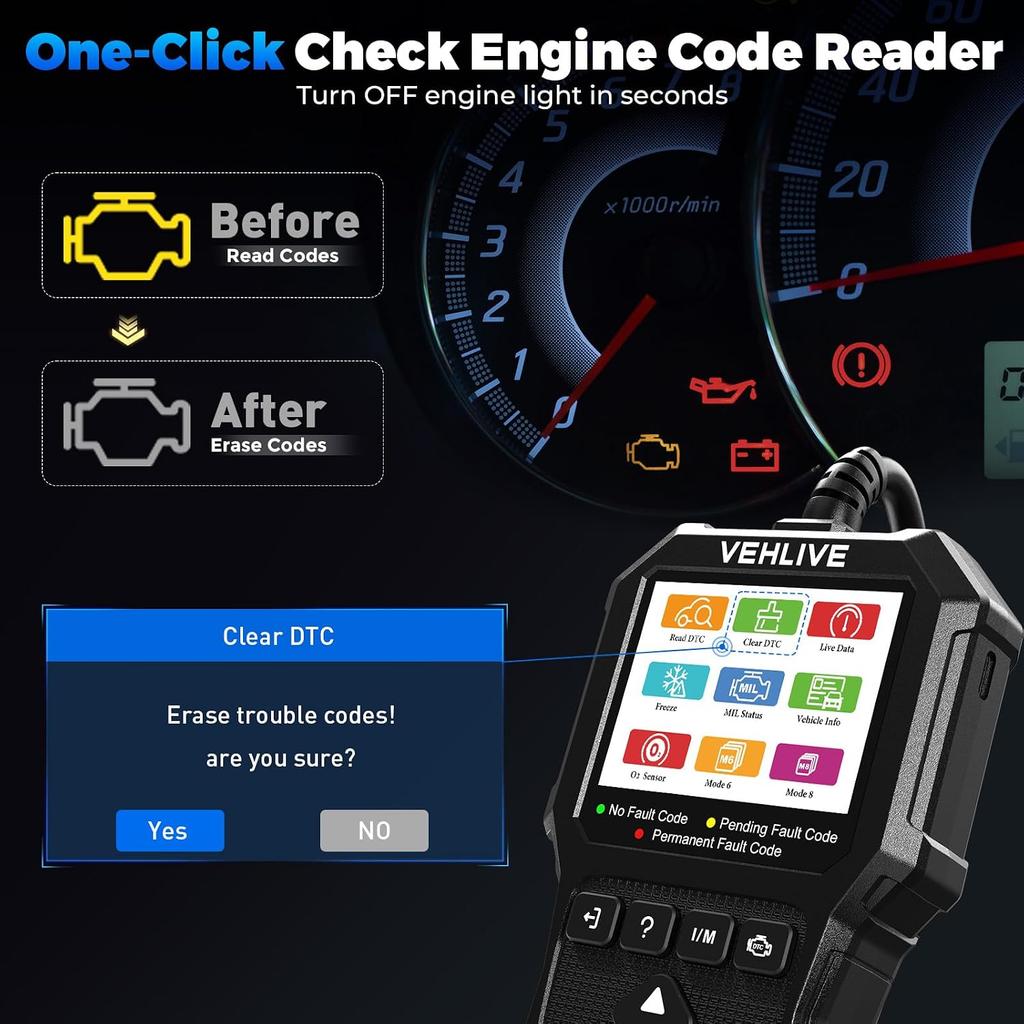 OBD2 Scanner Diagnostic Tool, Check Engine Light Car Code Reader with Reset, Battery Tester, Live Data, Freeze Frame, I/M Readiness, Car Scanner